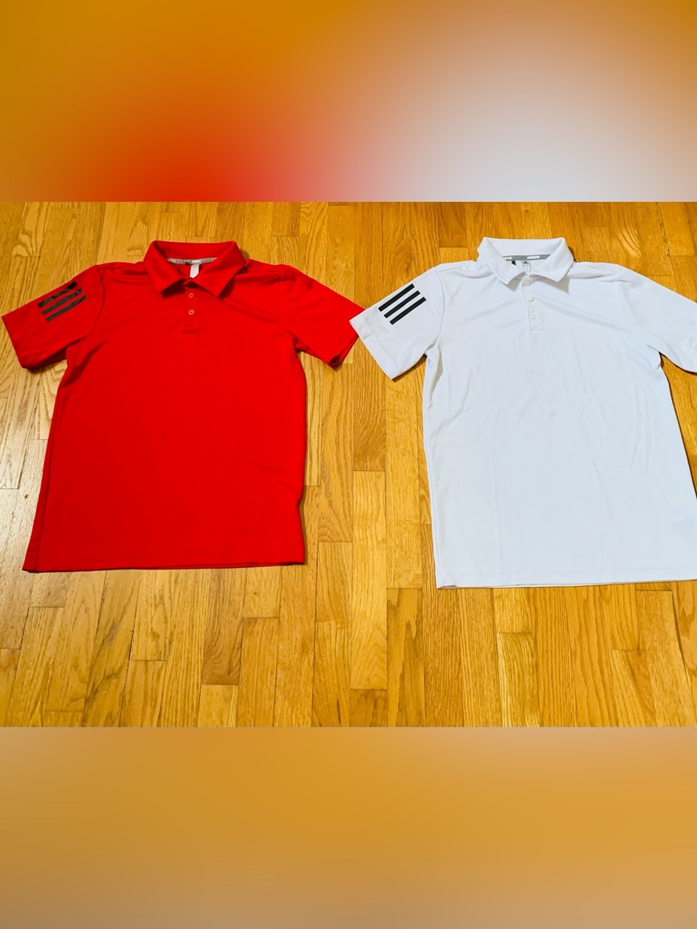 2 Adidas Boys Youth Large (14) 3-Stripe Performance Polo Shirts -Red & White